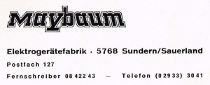 MAYBAUM Elektrogerätefabrik - Firmenanschrift